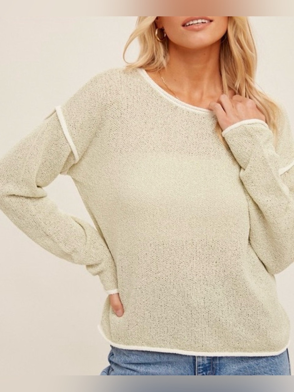Hem & Thread Mint/Cream Crewneck Lightweight Knit Sweater